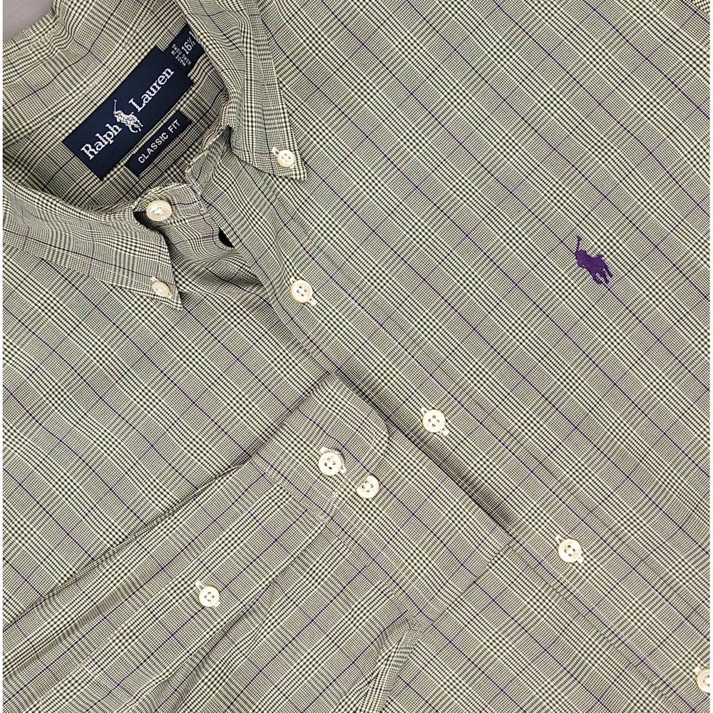 Ralph Lauren Shirt Mens Large Green Purple Check Classic Fit Button‎ Down Pony